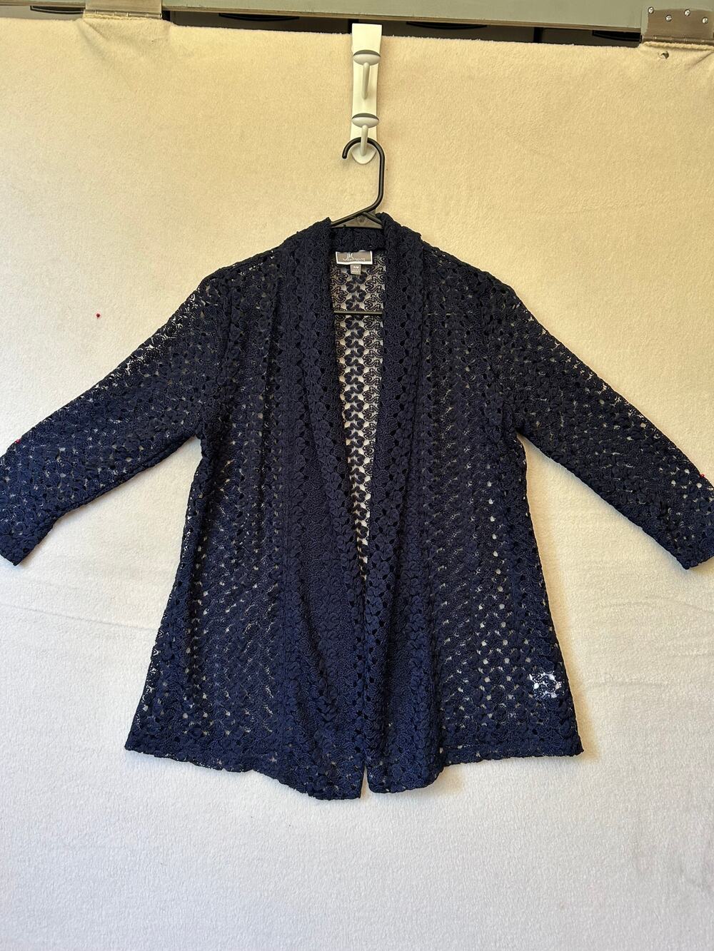 JM Collection Petite Navy Crochet Lace Cardigan 3/4 Sleeve Floral Open Knit M